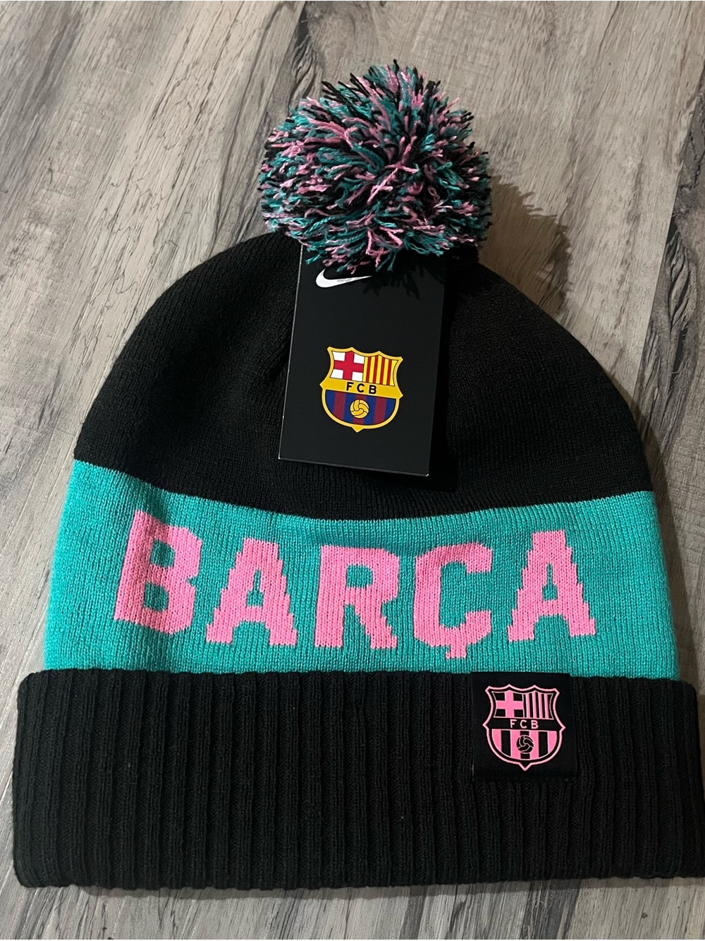 Adult FCB Barcelona FC Pom Beanie Hat in Teal, Pink & Black